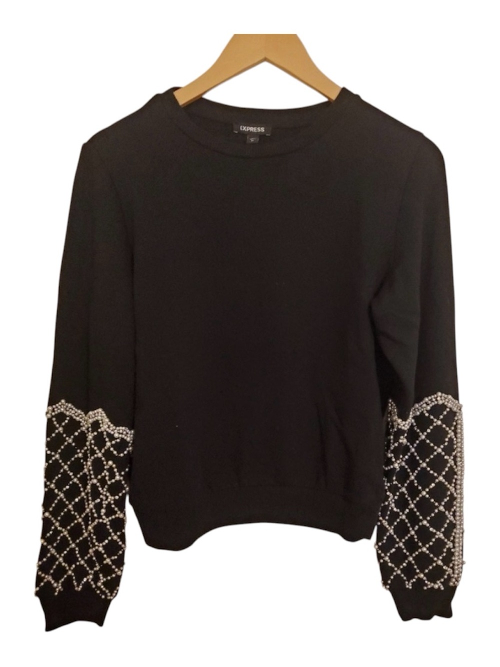 Express Black Crewneck Sweater with Beaded Lattice Sleeves - Picture 2 of 3